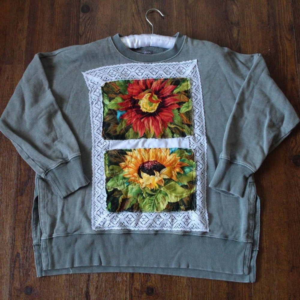 Upcycled Reworked Sage Green Sweatshirt Sunflower Lace Patchwork Panel